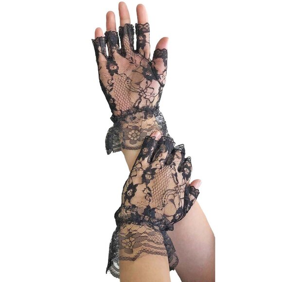 Fingerless Black Lace Gloves Womens One Size OS Wrist Length with Ruffle - Picture 7 of 9